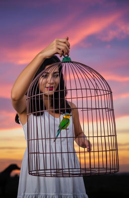 A serene scene depicting a woman gently opening a birdcage to set a small, colorful bird free