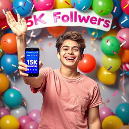 A vibrant and celebratory scene depicting a person joyfully expressing their gratitude for reaching 15,000 followers on social media