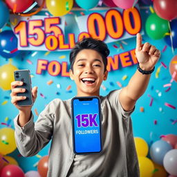 A vibrant and celebratory scene depicting a person joyfully expressing their gratitude for reaching 15,000 followers on social media