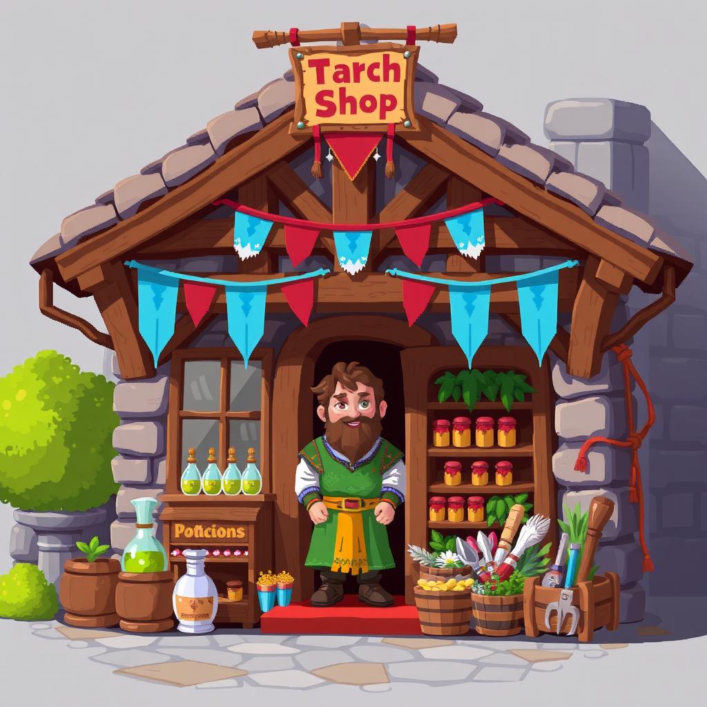 2D pixel art of a medieval shop front featuring a friendly shopkeeper