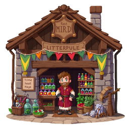 2D pixel art of a medieval shop front featuring a friendly shopkeeper
