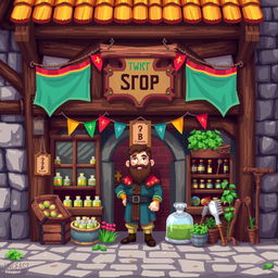 2D pixel art of a medieval shop front featuring a friendly shopkeeper