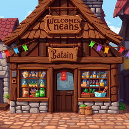 2D pixel art of a medieval shop front, showcasing a quaint and colorful building