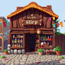 2D pixel art of a medieval shop front, showcasing a quaint and colorful building