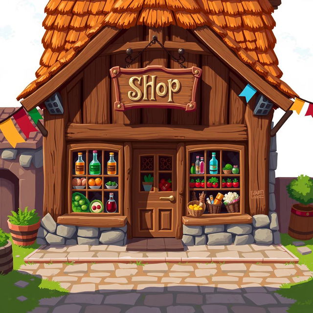 2D pixel art of a medieval shop front, showcasing a quaint and colorful building