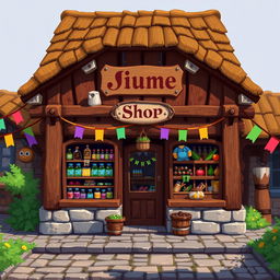 2D pixel art of a medieval shop front, showcasing a quaint and colorful building