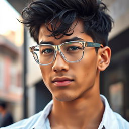 A 20-year-old man with messy black hair wearing fashionable transparent glasses