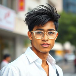 A 20-year-old man with messy black hair wearing fashionable transparent glasses