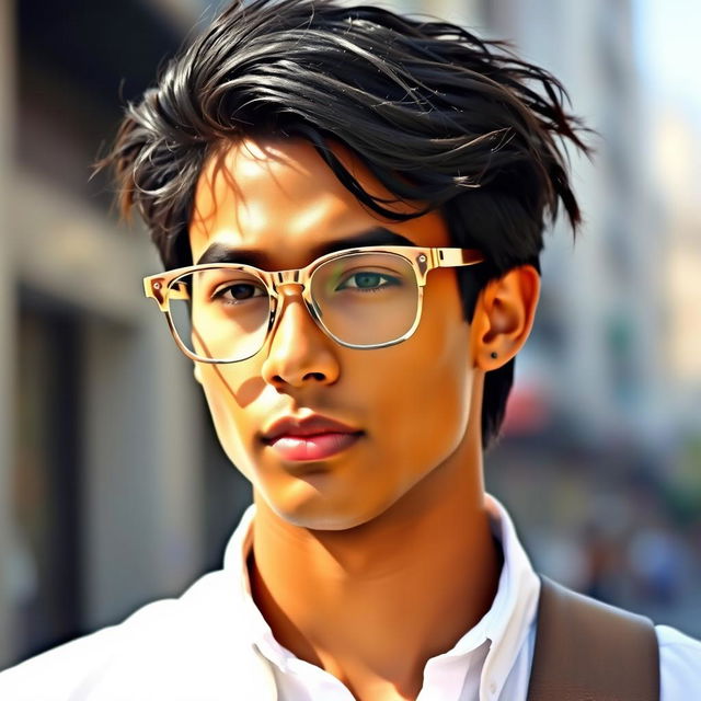 A 20-year-old man with messy black hair wearing fashionable transparent glasses