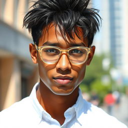 A 20-year-old man with messy black hair wearing fashionable transparent glasses