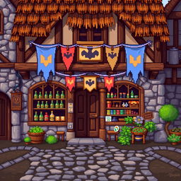 Pixel art of a medieval shop front, showcasing a quaint building with wooden beams and stone walls