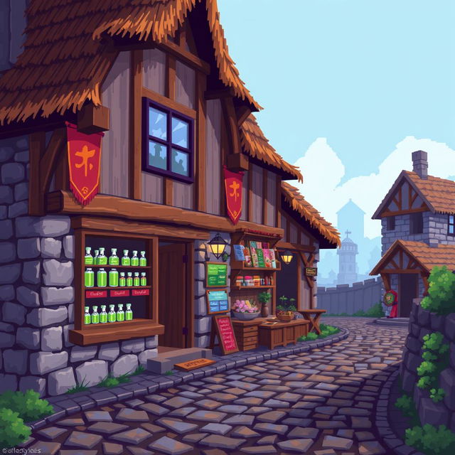 Pixel art of a medieval shop front, showcasing a quaint building with wooden beams and stone walls