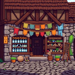 Pixel art of a medieval shop front, showcasing a quaint building with wooden beams and stone walls