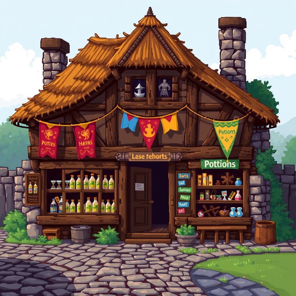 Pixel art of a medieval shop front, showcasing a quaint building with wooden beams and stone walls