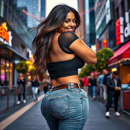 A stunning and voluptuous woman posing in a stylish, chic outfit that accentuates her curves, showcasing a big and voluptuous behind