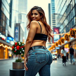 A stunning and voluptuous woman posing in a stylish, chic outfit that accentuates her curves, showcasing a big and voluptuous behind