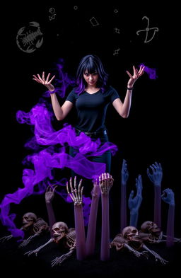A striking scene set against a black background, featuring a fierce female figure dressed in black pants and a black t-shirt