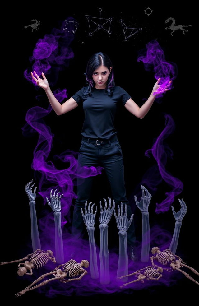 A striking scene set against a black background, featuring a fierce female figure dressed in black pants and a black t-shirt