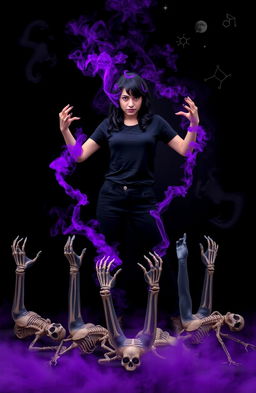 A striking scene set against a black background, featuring a fierce female figure dressed in black pants and a black t-shirt