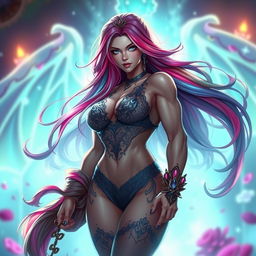 A character with a muscular yet feminine physique, showcasing a confident and alluring demeanor