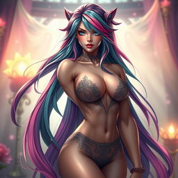 A character with a muscular yet feminine physique, showcasing a confident and alluring demeanor