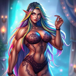 A character with a muscular yet feminine physique, showcasing a confident and alluring demeanor