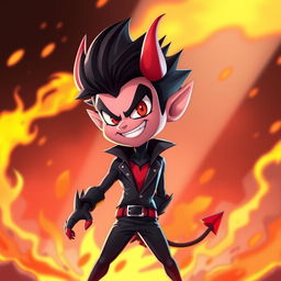 A stylish and confident demon character known as Blitzø, depicted with a mischievous grin, wearing a sleek, black and red outfit