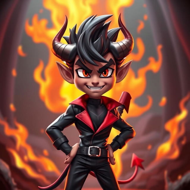 A stylish and confident demon character known as Blitzø, depicted with a mischievous grin, wearing a sleek, black and red outfit