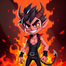 A stylish and confident demon character known as Blitzø, depicted with a mischievous grin, wearing a sleek, black and red outfit