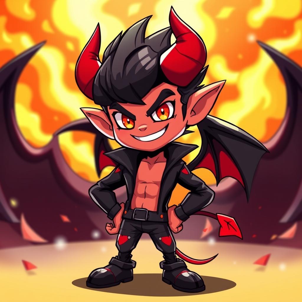 A stylish and confident demon character known as Blitzø, depicted with a mischievous grin, wearing a sleek, black and red outfit