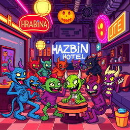 A vibrant pixel art scene inspired by Hazbin Hotel, featuring colorful characters and a detailed environment