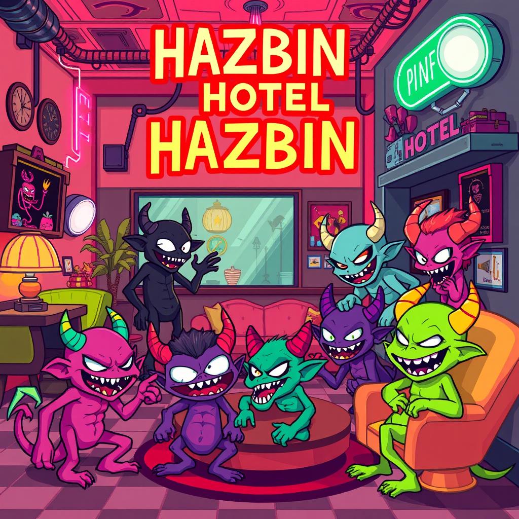A vibrant pixel art scene inspired by Hazbin Hotel, featuring colorful characters and a detailed environment