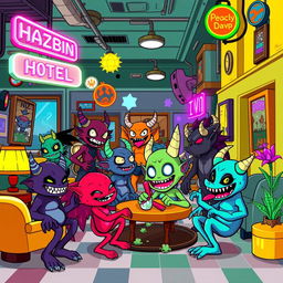 A vibrant pixel art scene inspired by Hazbin Hotel, featuring colorful characters and a detailed environment