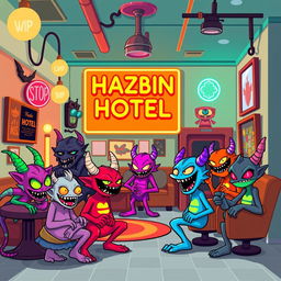 A vibrant pixel art scene inspired by Hazbin Hotel, featuring colorful characters and a detailed environment