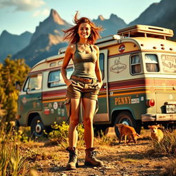 A rugged, adventurous woman in a wild, untamed landscape, surrounded by wild foliage and towering mountains
