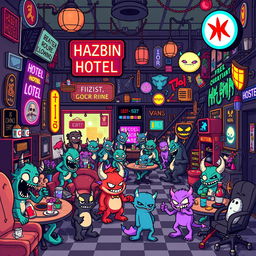 A lively pixel art representation inspired by Hazbin Hotel, showcasing a bustling hotel lobby filled with colorful characters and intricate details