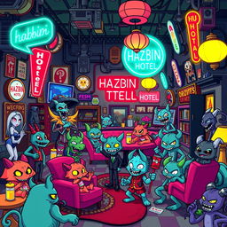 A lively pixel art representation inspired by Hazbin Hotel, showcasing a bustling hotel lobby filled with colorful characters and intricate details