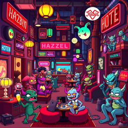 A lively pixel art representation inspired by Hazbin Hotel, showcasing a bustling hotel lobby filled with colorful characters and intricate details