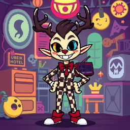 A vibrant pixel art depiction of Alastor from Hazbin Hotel, capturing his iconic features and playful personality