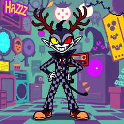 A vibrant pixel art depiction of Alastor from Hazbin Hotel, capturing his iconic features and playful personality