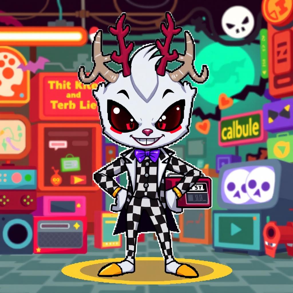 A vibrant pixel art depiction of Alastor from Hazbin Hotel, capturing his iconic features and playful personality