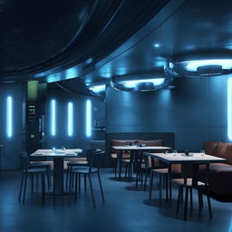 Dimly lit, futuristic restaurant with six dining tables and a sofa to the left of the door. A counter can be found on the right and a door directly ahead.