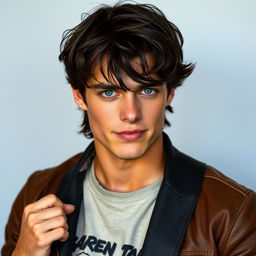 A 20-year-old young man with dark, slightly long hair that falls messily over his forehead, giving him a carefree vibe