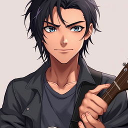 A realistic anime style depiction of a 20-year-old young man with dark, slightly long hair that falls messily over his forehead, giving him a carefree vibe