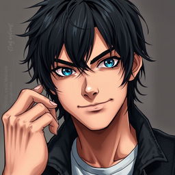 A realistic anime style depiction of a 20-year-old young man with dark, slightly long hair that falls messily over his forehead, giving him a carefree vibe