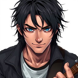 A realistic anime style depiction of a 20-year-old young man with dark, slightly long hair that falls messily over his forehead, giving him a carefree vibe