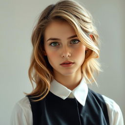 A 19-year-old young woman with light brown hair that falls in soft waves to her shoulders, always impeccably styled while maintaining a relaxed vibe