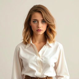 A 19-year-old young woman with light brown hair that falls in soft waves to her shoulders, always impeccably styled while maintaining a relaxed vibe