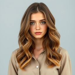 A 19-year-old young woman with light brown hair that falls in soft waves to her shoulders, always impeccably styled while maintaining a relaxed vibe