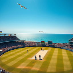 A wide-angle shot of a cricket stadium located near a shimmering blue coastline on a bright, sunny afternoon